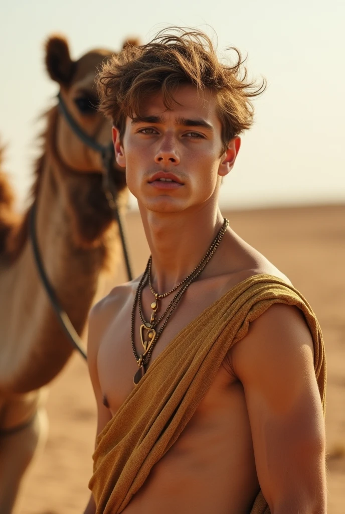 Young cute handsome beautiful face skinny white beautiful soft skin shirtless in a desert with a camel dressed in golden arabic