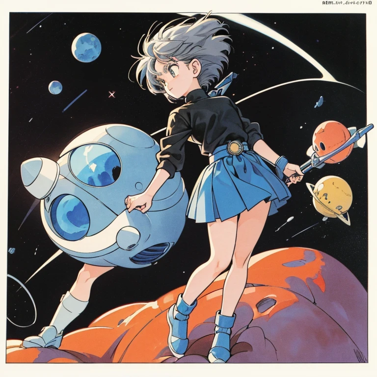 (a cute girl,gray hair,medium short hair,black sweater),(full body),(flat fill,analogue,1990s,comic,Simple line art,retro anime),(many colorful stars,plant,night,space,shooting star),Cute face、(Planetary orbits)、(astronomy、mysterious、no gravity、Chrono Trigger,Nausicaa,Kiki、Yuri Norstein),Original Artwork,Watercolor
