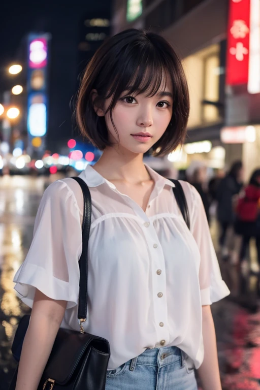 Beautiful woman、Japanese、Standing in the city at night、Heavy rain、White blouse、Shorts、short hair、My hair and blouse are very wet、A lonely look、Photorealistic、High definition