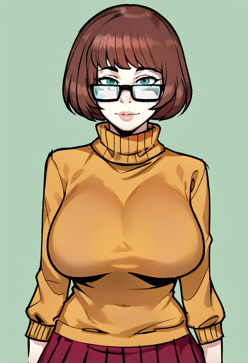 score_9, score_7_up 1girl, solo, velma dace dinkley, sweater, lips, glasses, looking at viewer, freckles, portrait, mature female, large breasts,