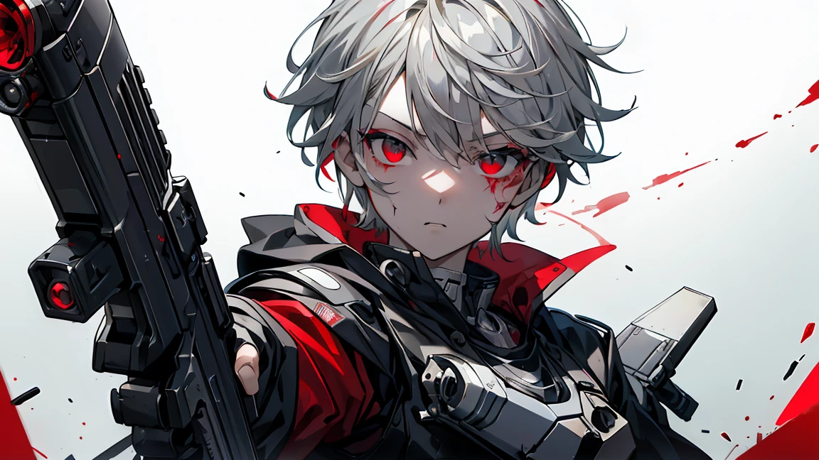 Handgun、((Aim the gun at the camera))、((Upper Body))、((Gray Hair))、((Photograph from the front))、(((((gun))))),((((Pointing the gun this way))))（Covered in blood）、Clothes full of scratches、((Scarred Face))、Red-black eyes、Detailed eyes、Scorched black clothes、((Detailed hands))、high resolution、Detailed picture、Beautiful painting、Cold look、masterpiece, best quality, detailed beautiful face and eyes,detailed beautiful face,and eyes