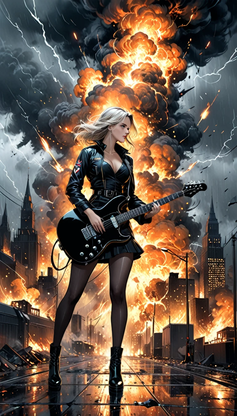 in the style of Filip Hodas,in the style of Megan Hess,1viking playing an electric guitar,fine sketches,Vivid,Storm,Landscapes,Fantasy,Dark,Royal Air Force Girls,City on Fire,The end of the horizon exploding,masterpiece,Fine details,Sense of atmosphere,atmosphere,Vanishing Point Composition,