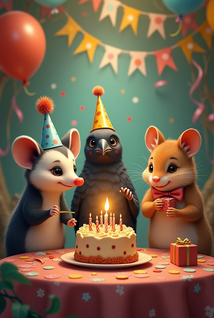 A possum and a crow and a hamster at a birthday party