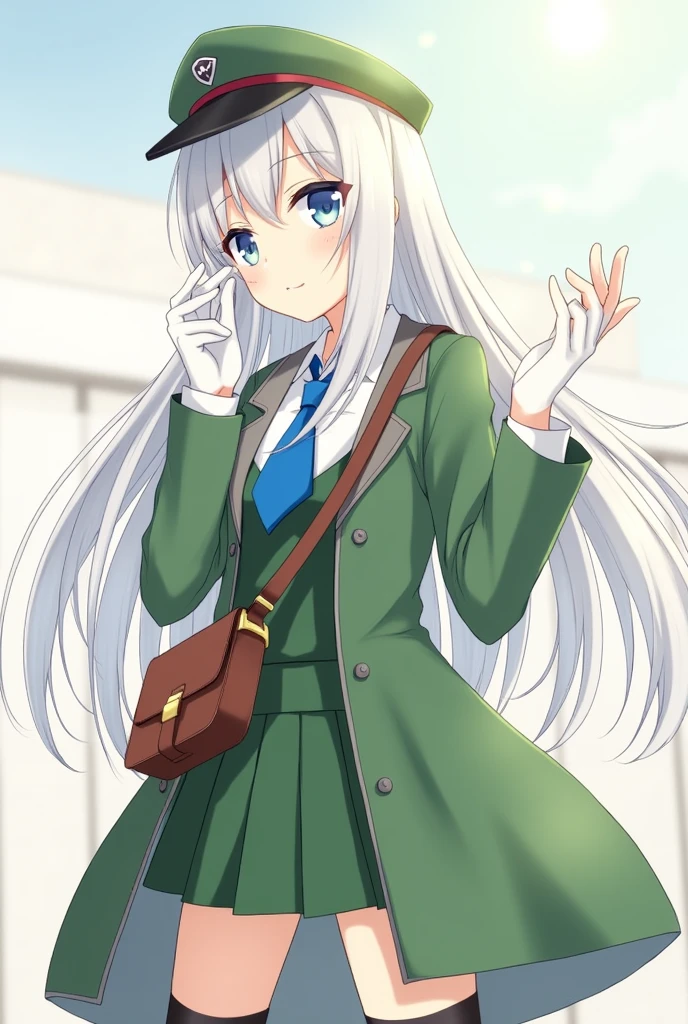 One Girl, Green long coat, Long Hair ,Gray Hair, blue eyes, sunny, Brown shoulder bag, Postman, Anime Style, White gloves、hat , wing, Dress shirt, noon, Green mini skirt, Thighs, Black knee socks, tie