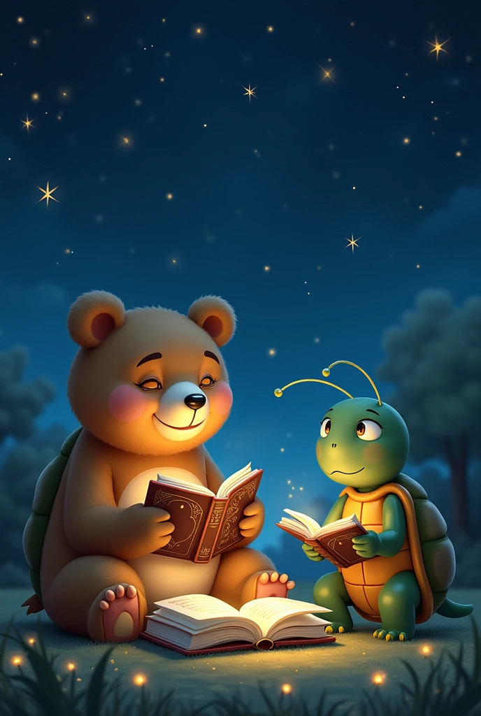 A starry night a bear, Ant, turtle reading some books animated