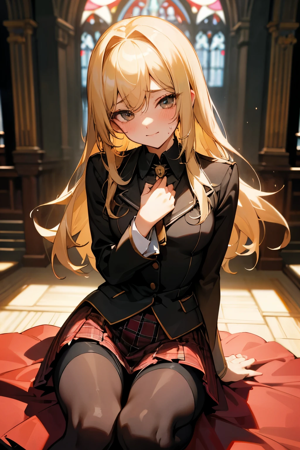 High School Girl Blazer、 uniform、Red checked knee-length skirt、Long skirt、JK Style、Jacket、smile、Knee-high socks、Thigh-high socks、pantyhose、Great beauty、very cute、Stagnation、Rare beauty、Black dark eyeshadow、sad、Good skin radiance、Straightening iron for long hair、Dark Gothic Makeup、暗いsmile、The beauty of fragrance、Stained Glass Background、masterpiece、highest quality、View 5 books、Sweat glistening on my chest、Sweat glistening on the face、Small breasts、blonde、Year: 22、Slightly slim、Mysterious look、Sad look、Blonde、mysterious gothic church、enchanting castle、Sweating profusely all over the body、Lots of sweat on my thighs、light、Shiny thighs、Sweat is glistening on my thighs、A large amount of sweat shines on your thighs、Sweating profusely、Gal、Small breasts、The Face of Japan、Captivating look、Thin thighs、I'play the guitar、I have a guitar、Sing a song enthusiastically、I'play the guitar in a band、I'play the guitar chords、Live venue background、Sing a song、Open your mouth、Live house scenery、Mike stand、Glamorous live stage、Dynamic Angle、Platform boots、Are standing、