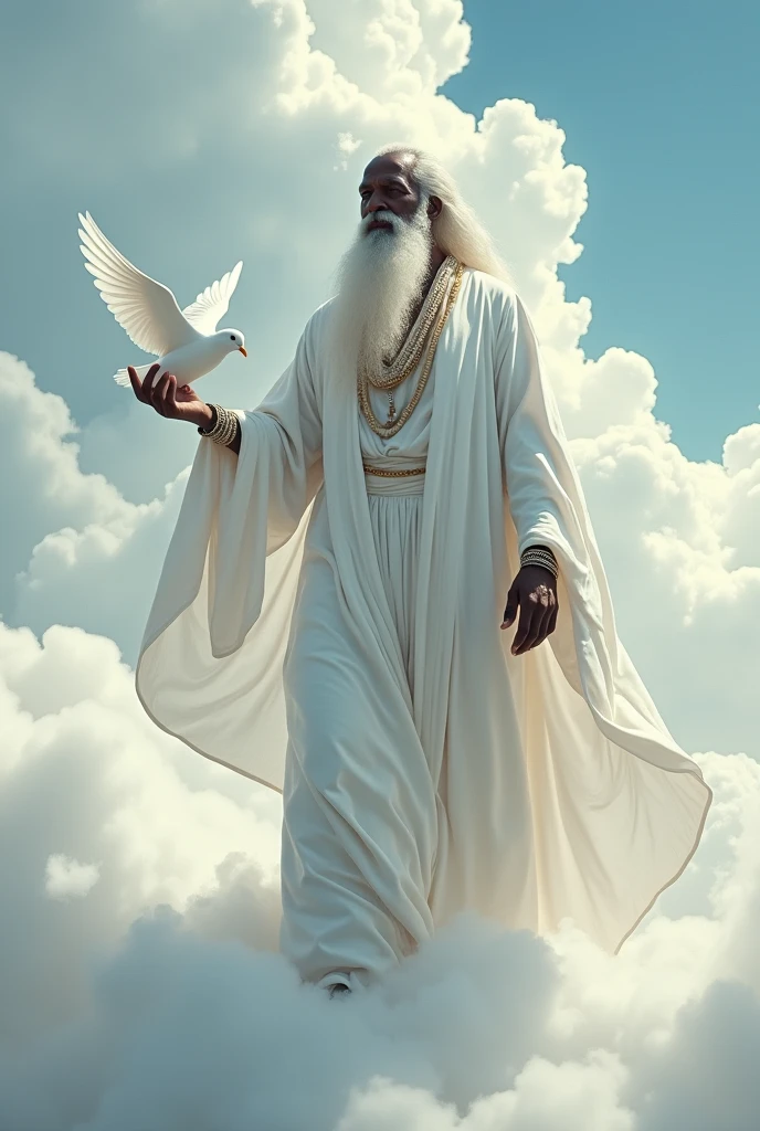 Orisha Black Man, elder, white bearded, Walking on clouds, White tunic, white necklaces, holding a white dove in his hand