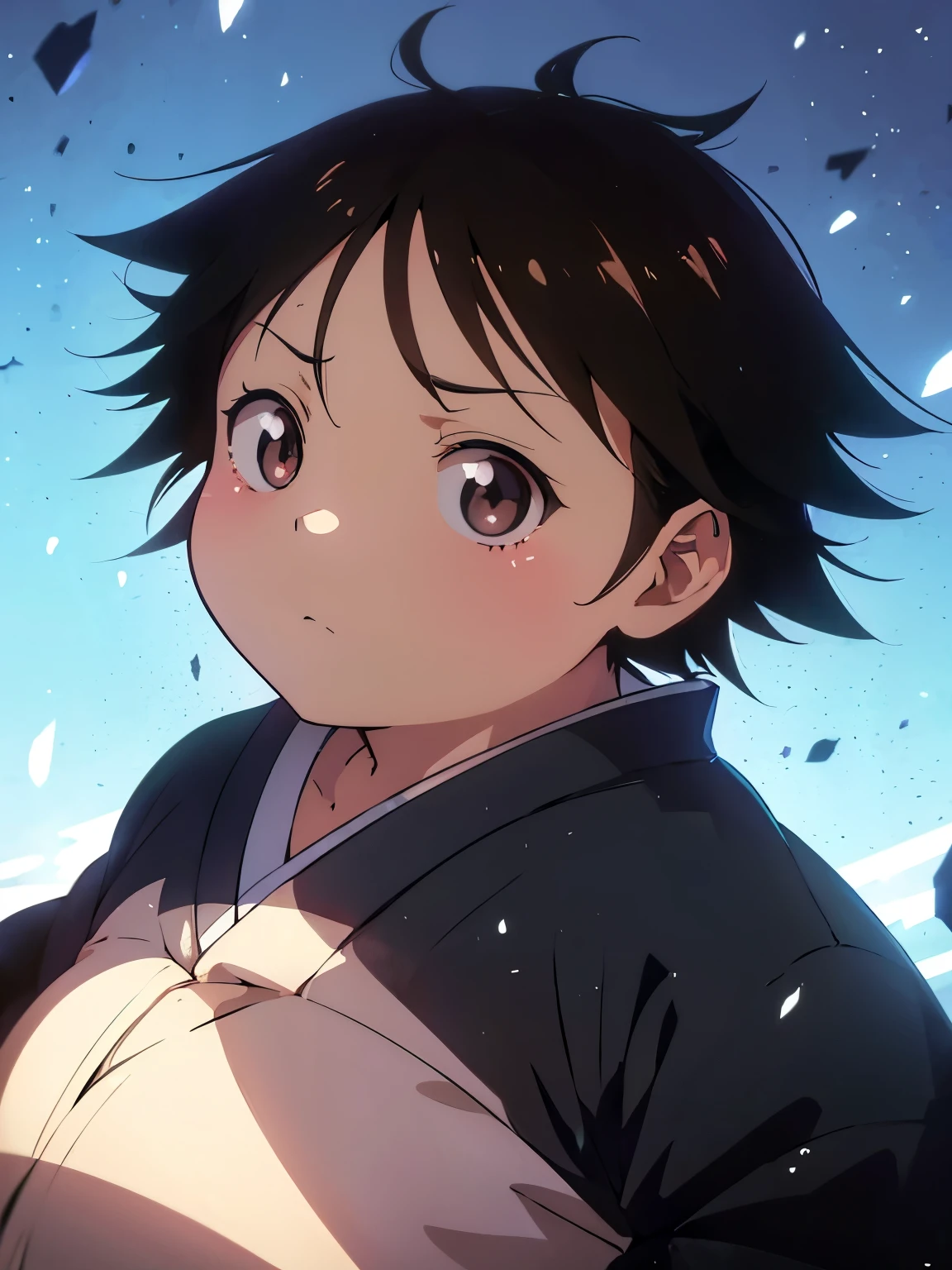 a painting portrait of boy wearing ((black kimono)) in manhwa style, [Haruyuki Arita] is a kid boy from [Accel World] that has brown short hair in spiky hair style and ((black eyes)), close angle, overweight!! teenager, sad atmosphere, high definition, masterpiece, best quality, high detail, grain filter, mamoru hosoda, nagatoro, fat), Totorrl, tanaka suguru, anime hi-fructose, anime”, overweight!! teenager, ( ( ( yoshinari yoh ) ) ), anime cel shaded, a-1 photos, muscular!!, 11 years old, todler, standing alone, ((work of art)), ((high resolution)), ((best qualityer)), extremely thin and beautiful, super fine illustration, (realisic skin), (olhos de anime incredibily detaileds), face detailed, vivid and beautiful, Shocking sensation, incredibily detailed, detailed chubby boy, from front view, facing at viewer, perfil, perfect shadow, realistic shaded lighting, (shorth hair) (chestnut hair), ((tall boy))