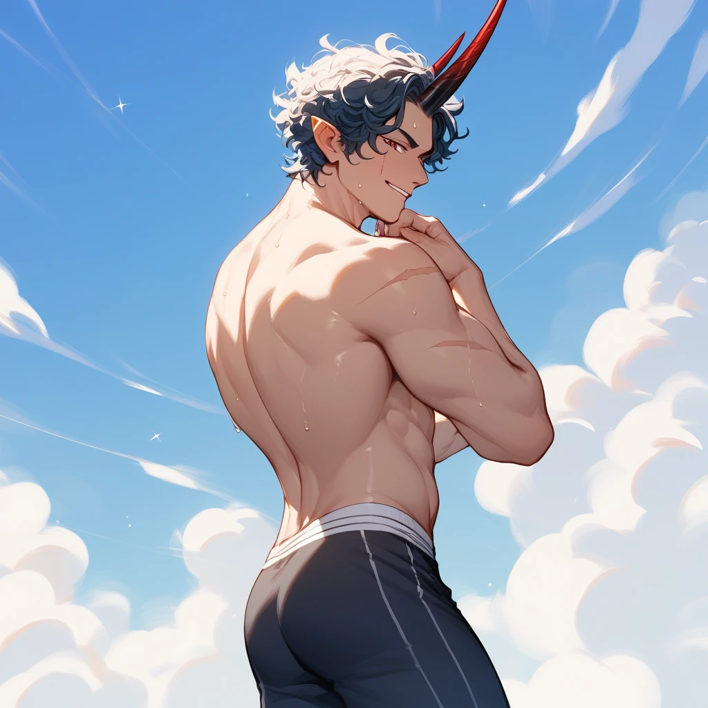 score_9, score_8_up, score_7_up, score_6_up, score_5_up, score_4_up, BREAK source_anime, man, black curly hair, red eyes, scar in eye, horn, smug, sexy look, Half-closed eye, handsome man, toned, sweat, cowboy shot