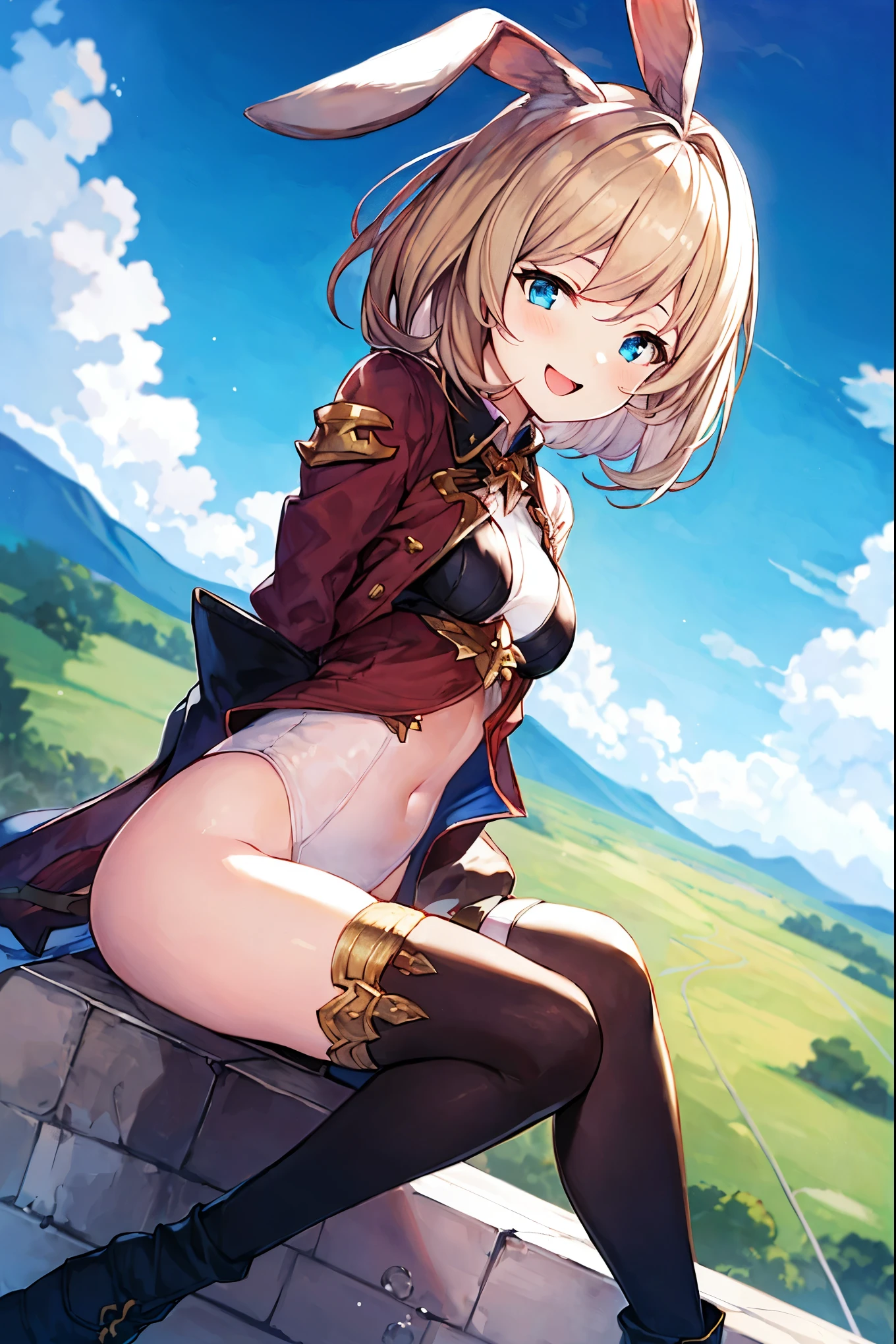 GRANBLUEfantasy,ung_teeirl,brown_hair,medium_bob_hair,platina_blond_hair,white_leotard,covered_crotch,thigh-highs,smile,standing,bluesky_landscape_background,slightly_spread_legs,happiness, short_gloves ,solo, r18, navel,relicbuster,short,boots,open_mouth,sitting,knees,blush,shy,bunny_ears