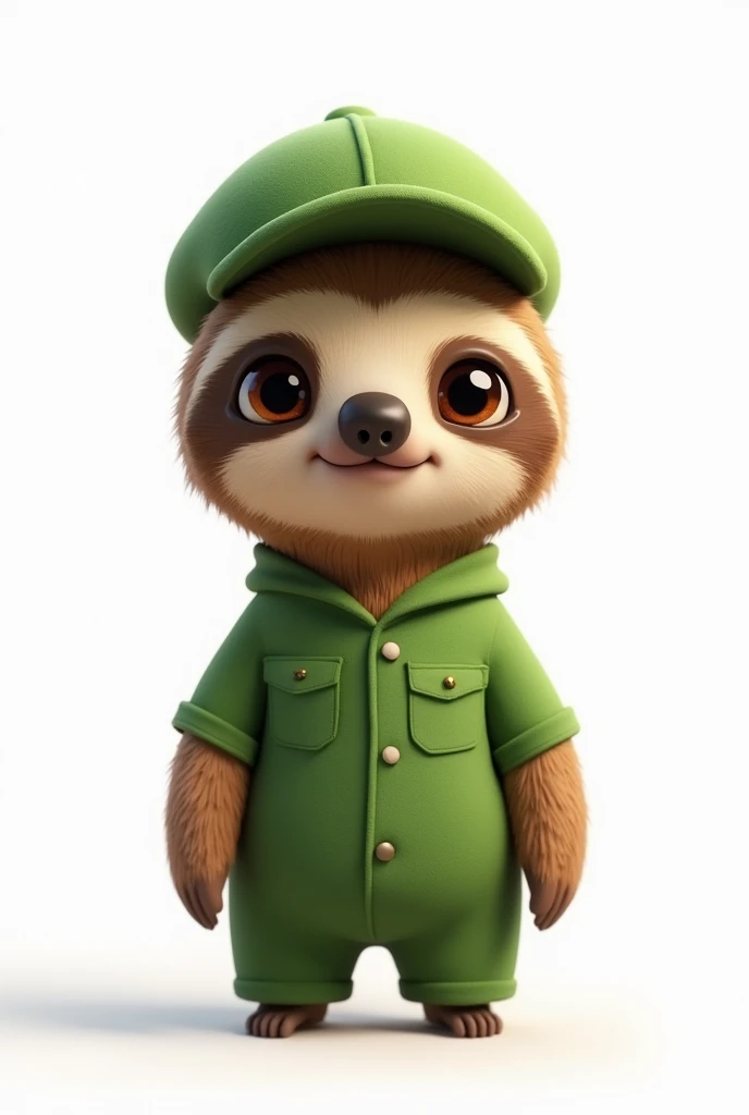 Hello, please help me create a Pixar-style sloth., The bear has a grass-green uniform, looks cute and has a curved green cap and is looking straight ahead., towards the screen on a white background