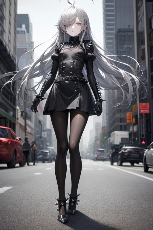 ((best quality)), ((masterpiece)), (detailed), 1 girl, full body, 18 years old, depressed face, silver eyes, blushing, silver hair, long hair, ahoge, bangs, lock of hair covering her right eye, full body, very tall, very small breasts, flat chest, thin body, grey hood, metal spikes, grey wristbands, long black gloves with spikes, grey gothic outfit, gothic dress, puff sleeve, grey dress with metal spikes, blades on the steering wheel, metal emblem, somewhat tight, black belt, pale skin, black pantyhose, black shoes, walking through the city, metal spikes coming out of the road, looking at me, city background, anime