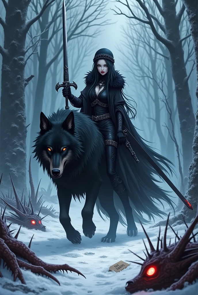 A woman wearing a black fur coat, she has skin as white as snow, blue eyes as night, black hair as long as night, lips as red as blood, she is wearing a cold hat. Black thorns are coming out of her back and several black thorns are also coming out of her clothes. She is holding a sword in her right hand made of Thorn Roses. She is in a frozen forest. They are riding a large Black Wolf with red eyes. The place where she is has several Monsters impaled by its black thorns. This image has to be in anime. There is a piece of wood that says Bela The Hunter.