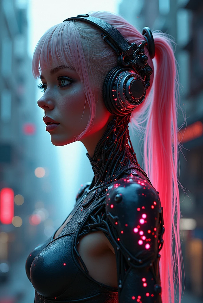 a woman with futuristic cyborg body, intricate mechanical details, glowing neon cyberpunk implants, bioorganic textures, steampunk gears and pipes, dramatic lighting, Pixar-style character design, intricate digital painting, cinematic composition, vibrant colors, masterpiece