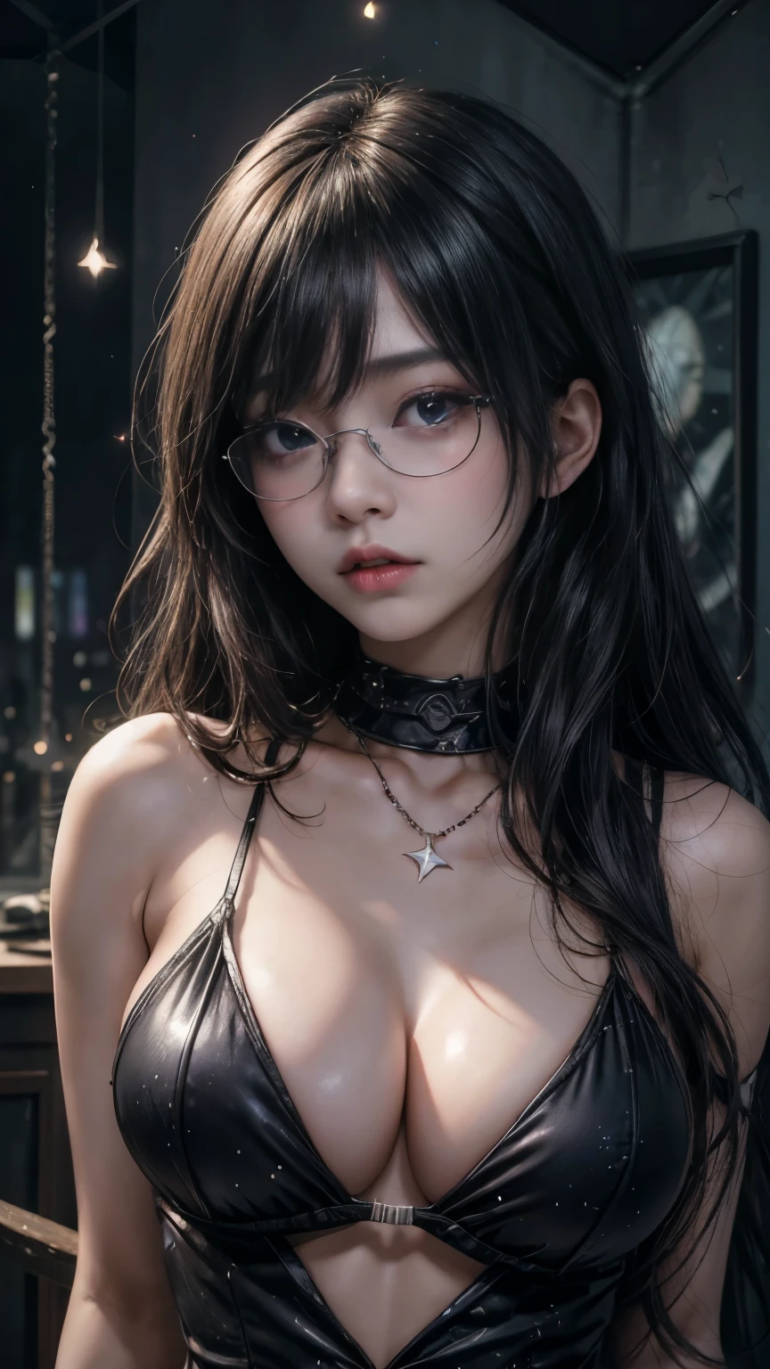 (最高qualityのディテール)、Realistic、8K Ultra HD、High resolution、(One Girl:1.2),(Glasses、Fatal Beauty,Attractive beauty) ,(A supple and powerful physique),(Sensual charm),(Mysterious charm:1.1),(Big Breasts、Captivating silhouette),The 超detailedな、高qualityのテクスチャ、複雑なdetailed、detailed、非常にdetailedなCG、高qualityの影、detailed 美しく繊細な顔、detailed 美しく繊細な目、Written boundary depth、Ray Tracing、20th Generation、Cute K-Pop Girls、(The Face of Ulzan in Korea)、Thin face、(Urzan-6500-v1.1:0.6)、PurerosFace_v1、Glowing Eyes、Perfect body、 Viewer Display、(最高qualityのディテール:1.2)、Realistic、8K Ultra HD、High resolution、Woman close up， realistic girl rendering, 8k artistic german bokeh, Enchanting girl, Real Girls, Gurwitz, Gurwitz-style artwork, Girl Roleplay, Realistic 3D style, cgstation Popular Topics,, 8K Portrait Rendering,（truth，truth：1.4），(Sparkling eyes girl:1.2)、Best image quality, 最高quality, Realistic, 超detailedな, Realistic, 4K 8K Ultra HD Full Color RAW Photos, Fujifilm(Medium format), Hasselblad, Carl Zeiss, Incredible dynamic range photography(utility_art：Smooth-768:1.1),High resolution, High pixel count, 明確なdetailed, Clear images, Natural color reproduction, Noise Reduction, High fidelity, quality, Software Improvements, Upscaling, Optimized Algorithms, Professional-level retouching, ,((((Glasses))))、((((big sapphire necklace))))、(最高quality,High resolution:1.2),(dark,Threatening:1.1),((dark horror theme:1.5),(Thriller:1.5)),(Dark fantasy:1.5),  (((Countless stars fly away:1.5),(Absurd:1.5),(wonderful:1.5))),Woman in a dress, (Powerful numbers:1.1),(((Big Breasts))),(((Muscular:1.1))), Sexy Body,( Very lean body:1.6),Sexy pose, Very curled hair, Purple Curly Hair, very big hair,  prime color,Urban,暗くてSpooky atmosphere,  Spiritual Beings,  Ghostly figures, Shadow-like shape, Spooky whispers, Ominous Aura, Goth Maiden, Her Mogul Snaps, Mysterious Cemetery,Black hair swaying in the moonlight, (beautiful: 1.7), (Black Hat: 1.6), (An intricately decorated jet-black cloak: 1.6), (Delicately decorated cloak, Despite the damage: 1.5), Hypermaximalist, Breathtaking oil paintings, Surreal, Ultra-realistic digital illustrations that mimic the style of oil paintings, Seamlessly blending the psychedelic visionary art of Alex Grey with the physical-mechanical aesthetic of H.R. Giger. wonderful構成, (Shining Eyes:1.6)、(Glowing Eyes:1.1),(hellish landscape:1.1),(fire,sulfur:1.1),(Threatening atmosphere:1.1),(dark shadows,Threatening presence:1.1),(Unlucky Clouds,Stormy Skies:1.1),(dark,Spooky atmosphere:1.1), (Aura of misfortune,Evil energy:1.1),(dark aura,cigarette:1.1),(Extreme heat,Burning Flames:1.1),(Nightmare Visions:1.1),(Predicting the end:1.1),(Whispers of misfortune,Devilish Laugh:1.1),(Cry of pain,echoing screams:1.1), (Bad luck symbol,Ancient runes:1.1),(Mysterious Relic,dark artifacts:1.1),(Infernal Ritual,Ritual sacrifice:1.1),(The Devil's Minions,creatures of darkness:1.1),(Desolate wilderness:1.1),(University of the Soul,Suffering Soul:1.1),(Eternal Ruin,A hopeless existence:1.1), Inspired by abandoned mech backgrounds. Art created by Craig Mullins, 