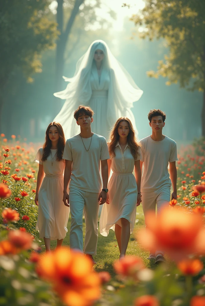 Inage, 24k, 3d, epic, movie posters, 2 woman and 2 man, 20yo, with background beautiful ghost lady, flower park,