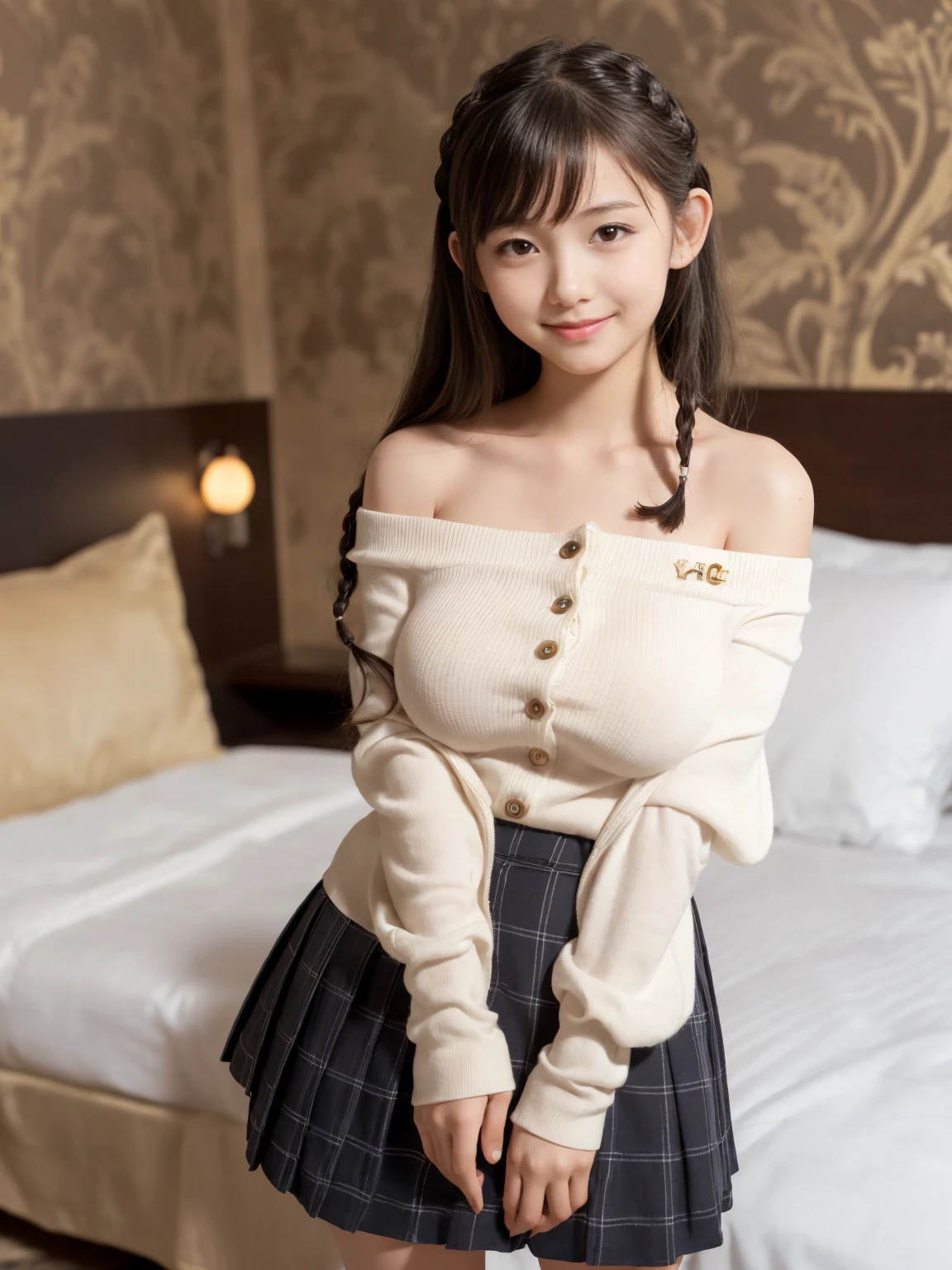 masterpiece, Highest quality, figure, Very detailed, The finer details, High resolution, 8k,wallpaper, Perfect dynamic composition,(Detailed high quality:1.3)、Seraphim, (The background is an empty hotel bed:1.3), Deep in the field, Black hair color, Big Natural Color Lip, (Perfect figure), (smile)、Harajuku Style, Adorable expression、Expressions of happiness、Amazingly cute、Cute type、Beautiful feet, Idol Sculpture、(Big Breasts:1.5)、(Off-the-shoulder shirt with buttons on the chest:1.3)、(mini skirt:1.3)、(Black thigh-high socks:1.3)、(Erect nipples:1.2)、(Young face:1.5)、(10 years old:1.5)、(Primary school students:1.5)、(Short stature:1.5)、Braid、Glasses、(Sit on the bed with your legs spread wide apart:1.4)、(Showing off her beautiful vagina:1.3)