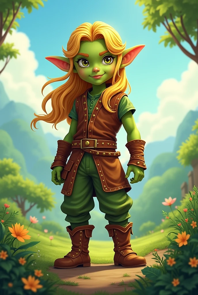 Green Elf Boy with long blond hair and leather outfit 2D game style