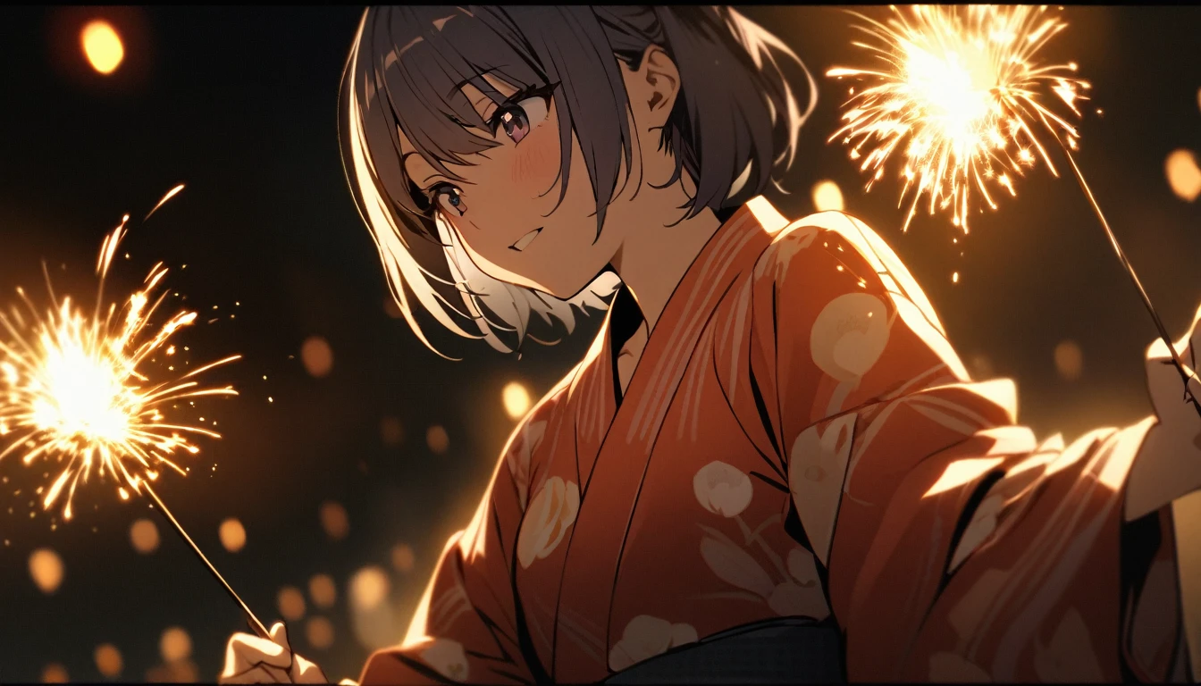 One Girl、17 years old、yukata、sexy、Sparkler、darkness、Backlight、