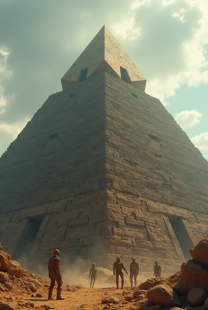 Highly detailed photographic image of a group of aliens building a stepped pyramid