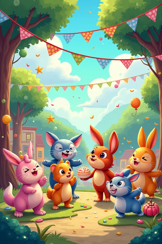 Create a happy celebration with a cartoon style idea