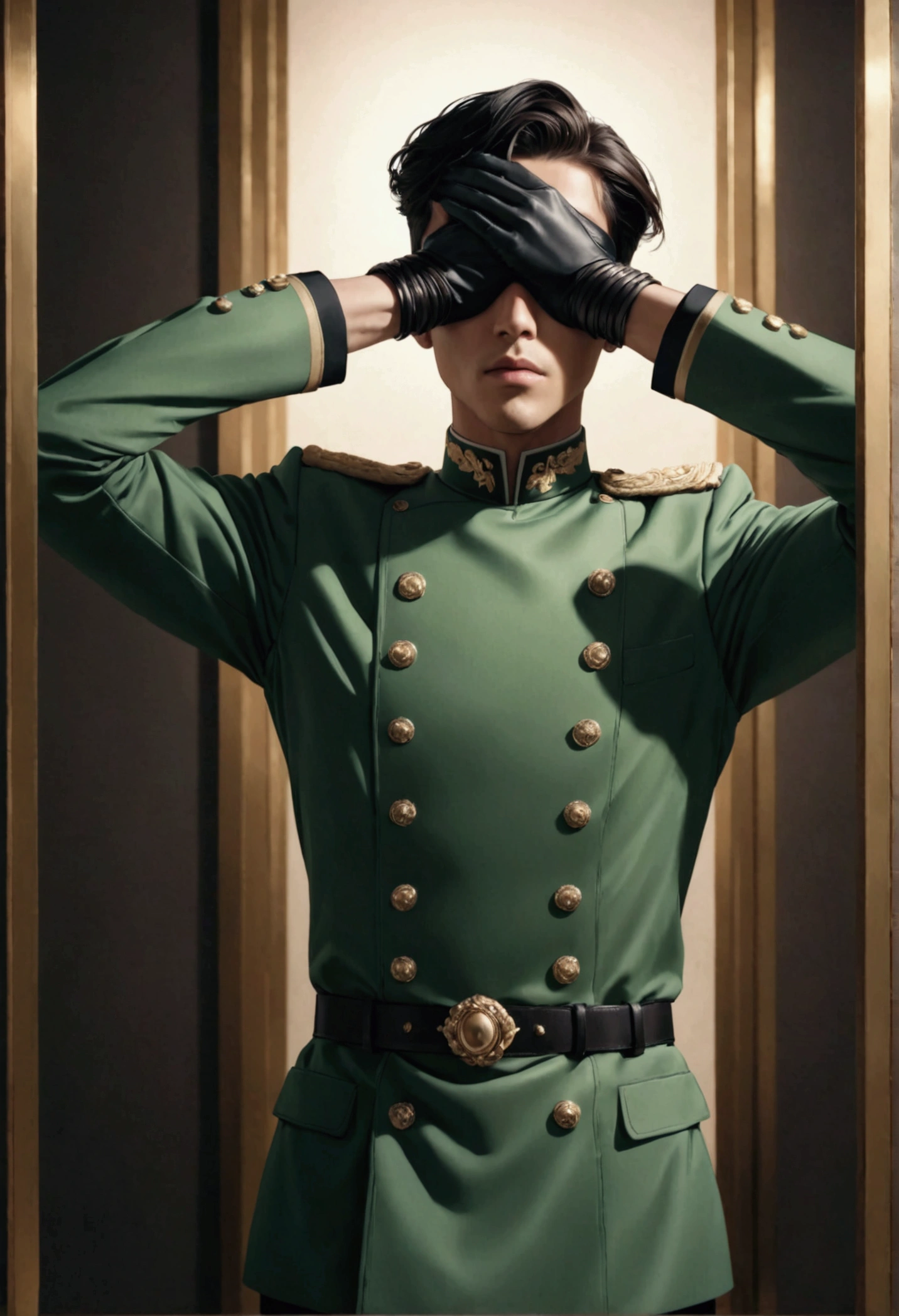 A young man in a green military uniform has a black cloth over his face and his hands are restrained behind his back、アニメスタイル
