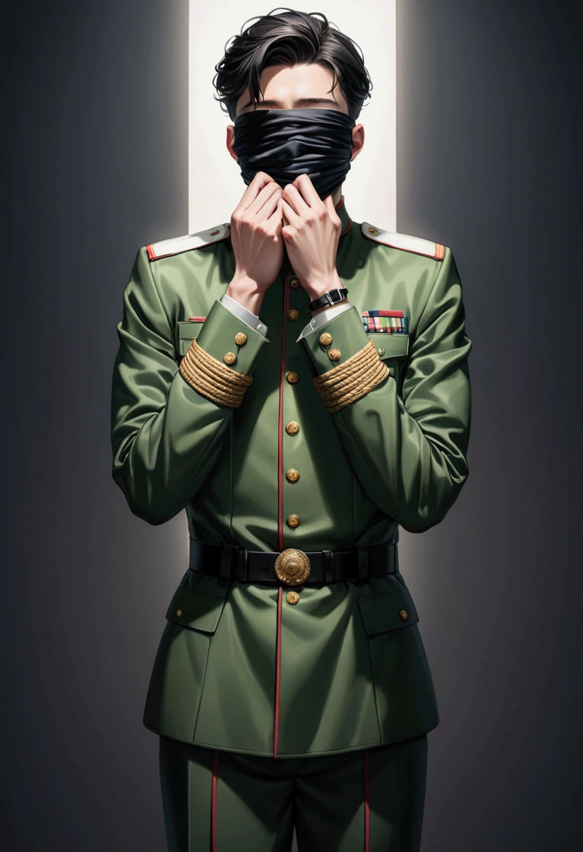 A young man in a green military uniform has a black cloth over his face and his hands are restrained behind his back、アニメスタイル