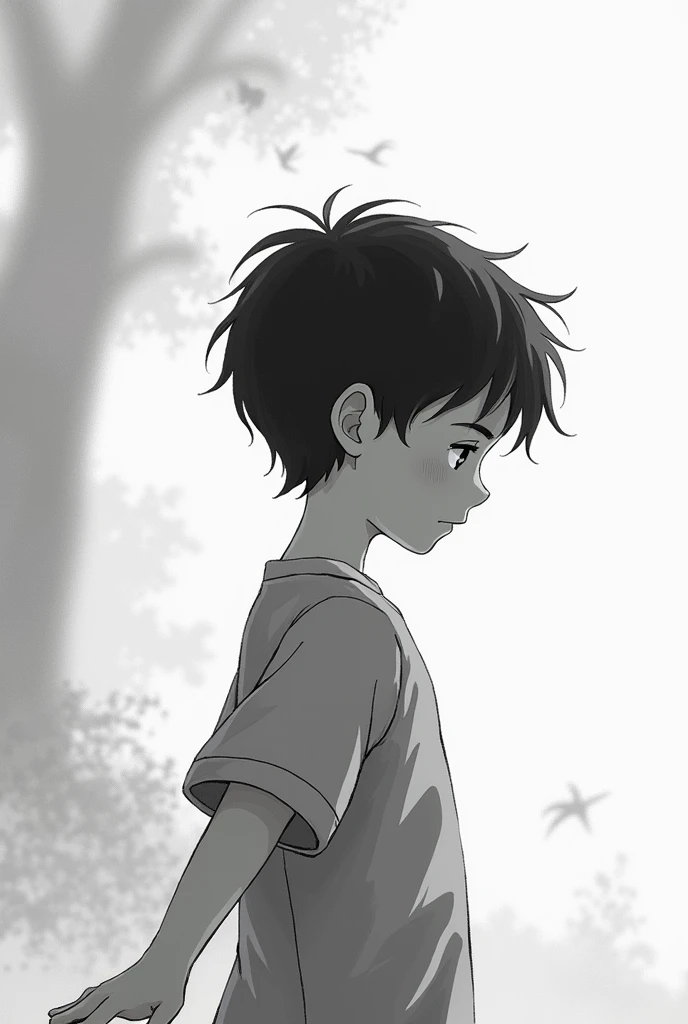 (((ghibli style))) a black and white boy with his arms looking in profile