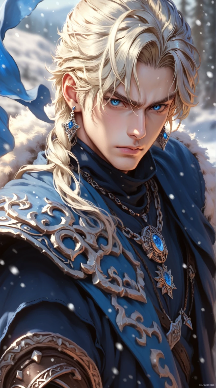 absurdities, High resolution, ultra detailed, HdR, masterpiece, realism, realist, 30 year old adult man, rasgos muy masculines, serious, Extremely detailed face and eyes, semi long straight hair, blond hair, bushy eyebrows, fringe, angry eyebrows, expressive blue eyes, rasgos masculines, detailed eyes, LOOKING AT THE SPECTATOR, 1 man, viking style clothing, masculine, blue clothes con abrigo de piel blanco, snowy background, White skin, viking necklace, blue clothes, white earrings, Wizard's Medallion, tidy hair, Complete plan, beefy chest, realism magico, masculine, men's clothing, vibrant colors, Fotorrealist, 8k, Best Quality, High resolution, cinematic lighting, intricate details, snow background.