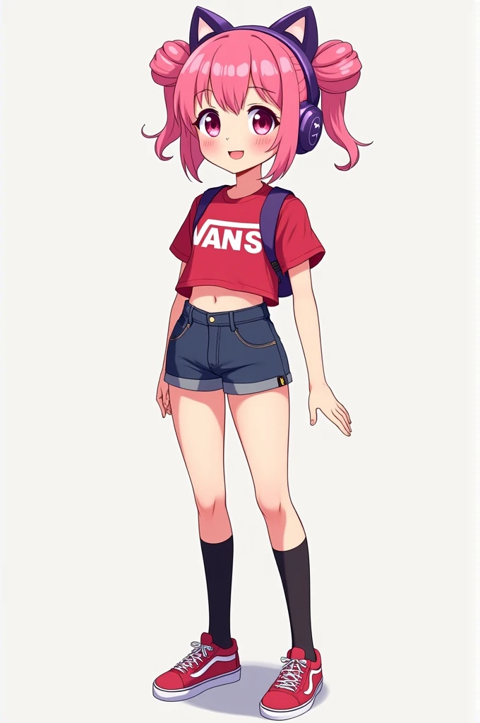 A kawaii girl with pink hair with buns on the sides, medium chest, Slender waist and long, defined legs with thighs. Wearing Vans-style tennis clothes with black knee-high socks that squeeze the thigh., Red tight-fitting anime print t-shirt with purple kitty headphones Pink round eyes Hazelnut shape Full body