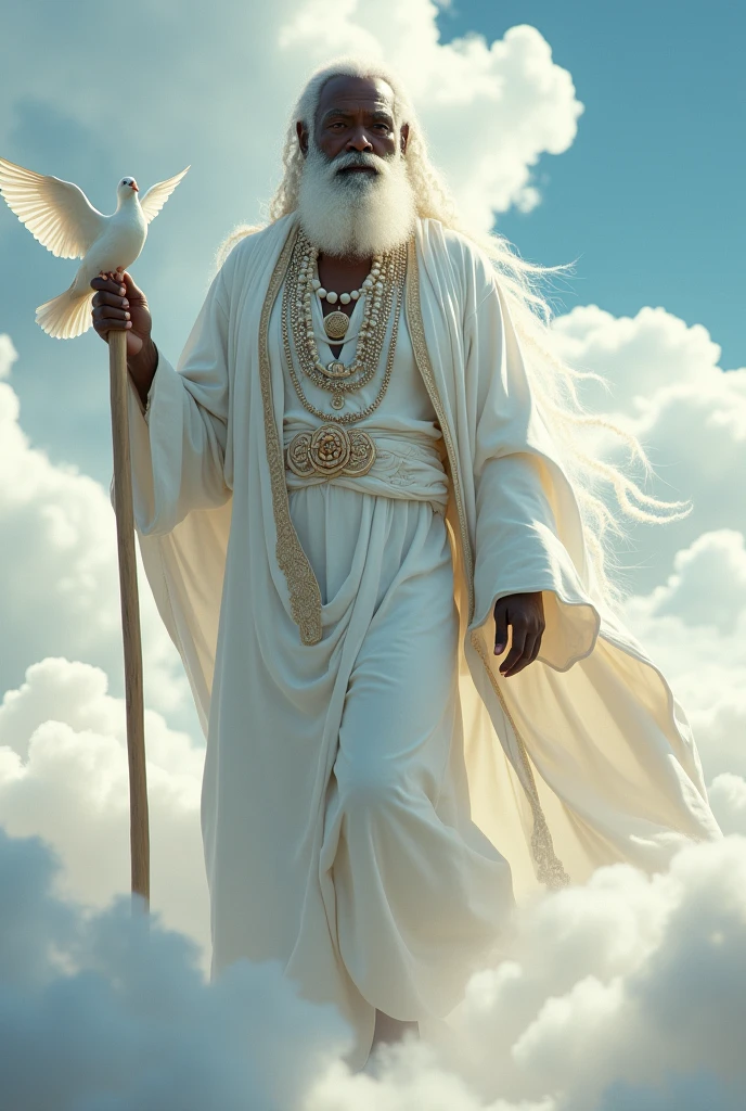 Orisha Black Man, elder, white bearded, Walking on clouds, White tunic, white necklaces, holding a white dove in his hand