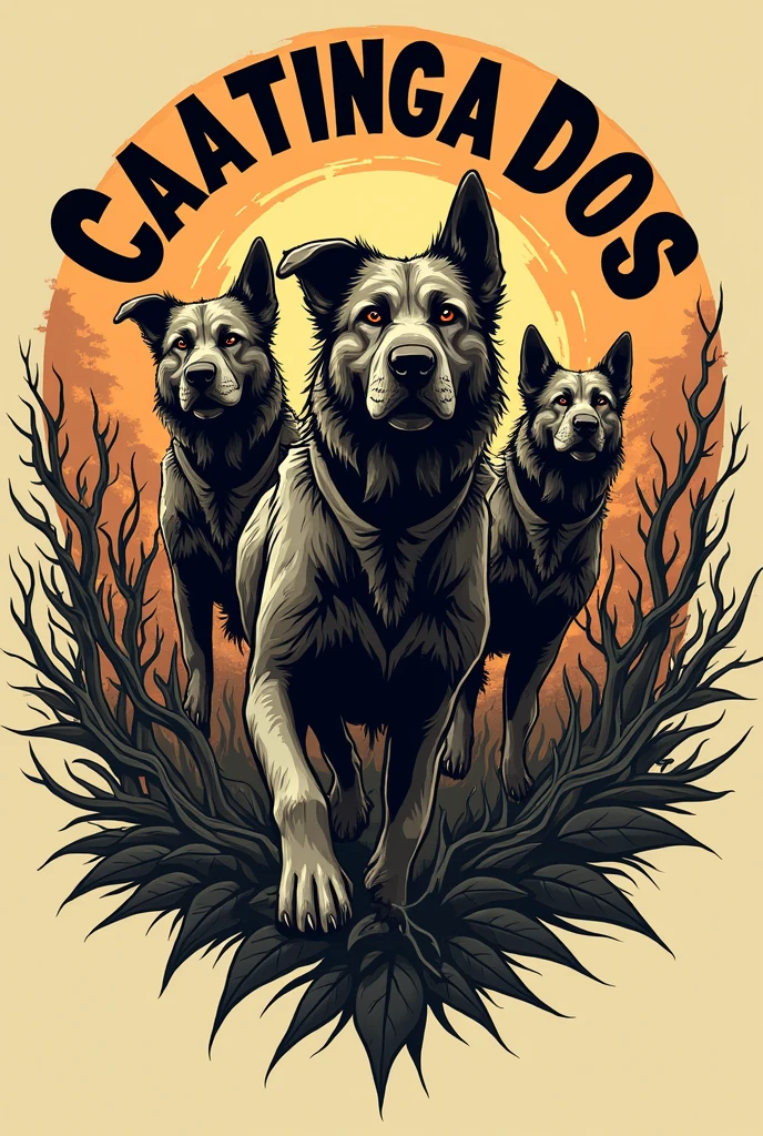 Logo for motorcycle club with the name Caatinga dogs with several dogs coming out of the middle of desert thorns