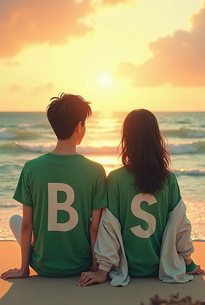 Create an Real image featuring a anemy couple sitting on the beach in Hart.The couple wears a green T-shirt with ‘B’ printed on boy T-shirt and 'S' printed on girl T- shirt it, white jacket, white pants, green shoes.