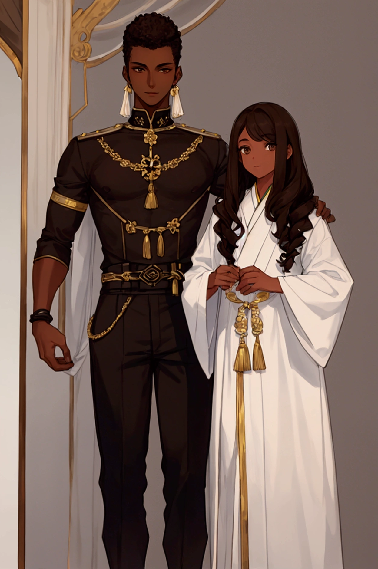 (A Boy:1.5)"Portrait of Koyo, a 16-year-old boy, 1.80 m tall, with (dark brown skin color: 1.5). His eyes are large and expressive, a deep brown tone, with vibrant irises that convey confidence and a hint of arrogance. His nose is slightly rounded at the tip, with subtle nostrils that add a touch of softness to his face. His mouth is well defined, with full lips that outline a confident smile, reflecting his self-centered personality. , frizzy and voluminous, styled in small curls, providing a dynamic and modern appearance. They are tall and black, with gold details and a robust design. The background should be a realistic environment that highlights your imposing presence, such as an ancient palace, lit in a way that highlights your central figure. slight caricature, emphasizing his Afro-descendant and mixed-race facial features in a charming way.