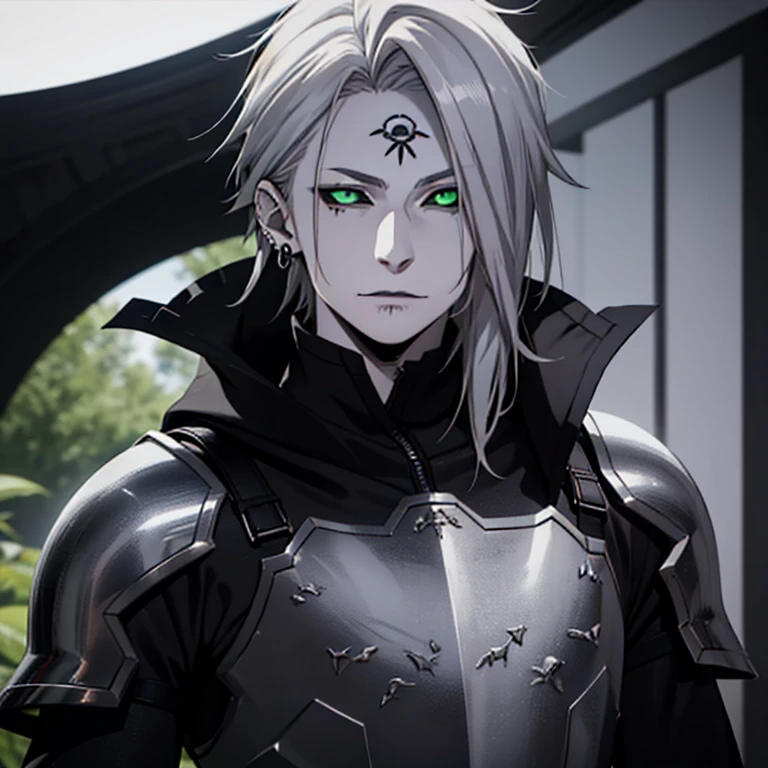 1boy, white boy, white boy, pale skin, ((gray skin)),eighteen years old, white skin, male focus, no wrinkles, (((silver hair)), 【Feature】Black Sclera, green eyes, earring, wearing armor darkness, skull in armor