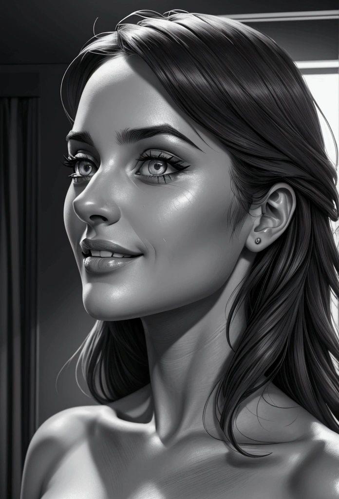 A pencil drawing, pencil sketch, continuous style without cuts, actress Ana de Armas, face detailed, vibrant eyes, beautiful smile, profile drawing, black and white, ,4K,8k, high resolution,work of art:1.2), (best qualityer,4K,8k, high resolution,work of art:1.2),ultra detali,(realisitic,photorealisitic,photo-realisitic:1.37),HDR,studio lighting,extremely detailed face and body,cinematic lighting,dramatic lighting,warm color tones,dramatic colors, Seed 13021530, NSFW