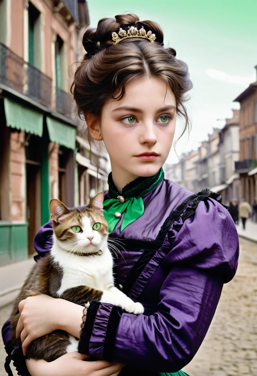 A 20-year-old woman with a hard and cold character, Brown hair updo and locks of hair, purple victorian era dress,green eyes, carrying a cat: black with white, In the background the city of Toulouse, 1880s