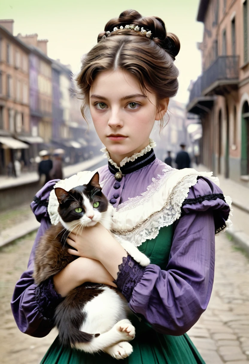 A 20-year-old woman with a hard and cold character, Brown hair updo and locks of hair, purple victorian era dress,green eyes, carrying a cat: black with white, In the background the city of Toulouse, 1880s