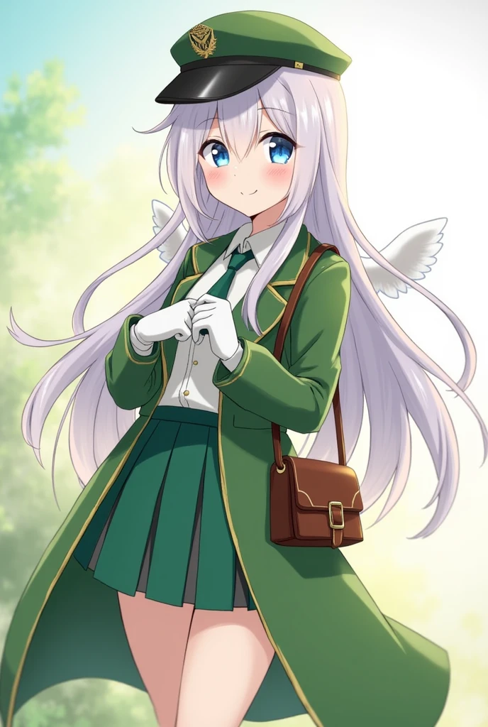 One Girl, Green long coat, Long Hair ,Gray Hair, blue eyes, sunny, Brown shoulder bag, Postman, Second Dimension, White gloves、hat　, wing, Dress shirt, noon, Green mini skirt, Thighs, Black knee socks, tie