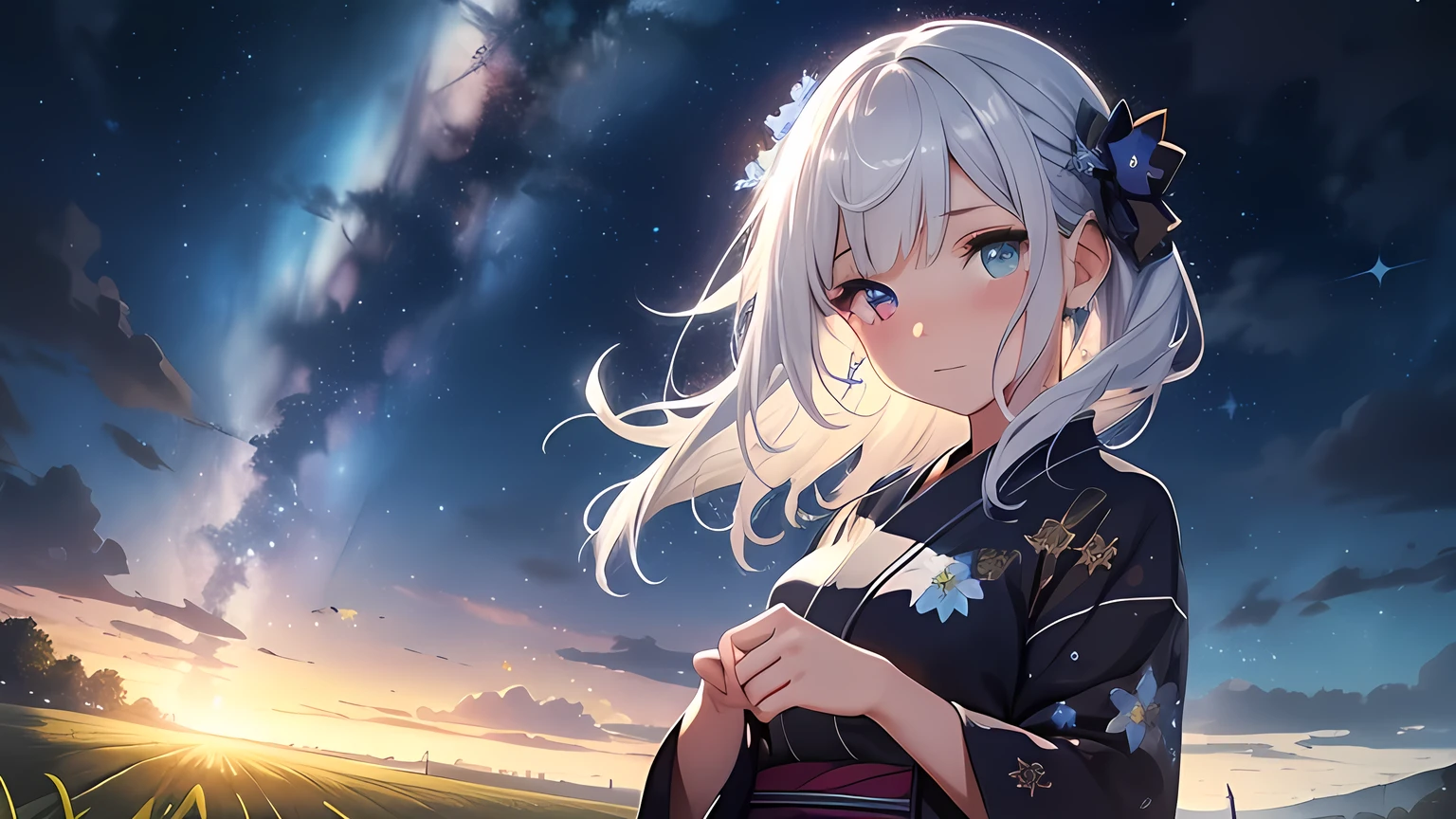 Best quality、Photorealistic、Ultra-detailed、delicate、Orderly、High Detail、Bluish Silver Short Bob、(Drooping heterochromia iris,glowing eyes、Sparkling Eyes:1.3)、Slender、(One girl:1.2)、(The vast starry sky:1.4)、 Night view、Twinkle Star、Milky Way in 7 colors、Fireworks display、Big fireworks bursting into the night sky、Beautiful skyline、Vast grassland、Paddy field、Very tense and dramatic photo、Moving visual effects、The North Star Hanging High、Colorful night natural light、And a girl in a yukata、Ambient Occlusion、Ambient Light、Ray-traced Reflections、Glow、Shiny Hair、
