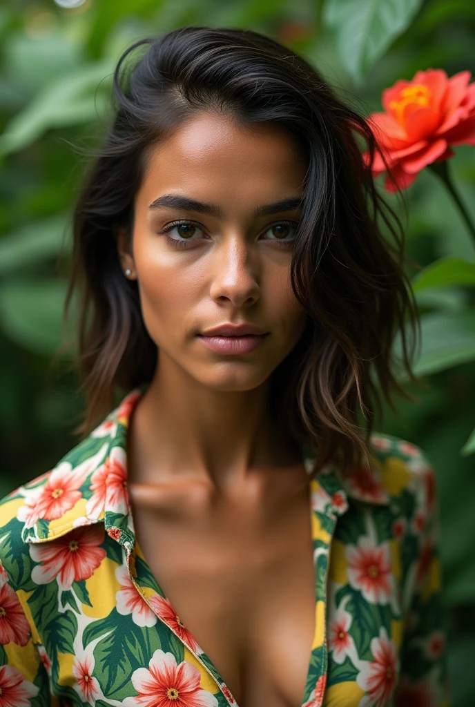 A Brazilian woman in a lush tropical garden, wearing an open shirt with a floral print, with a close-up capturing the harmonious beauty between her breasts and the natural flowers, showing off your natural charm and outgoing personality.
