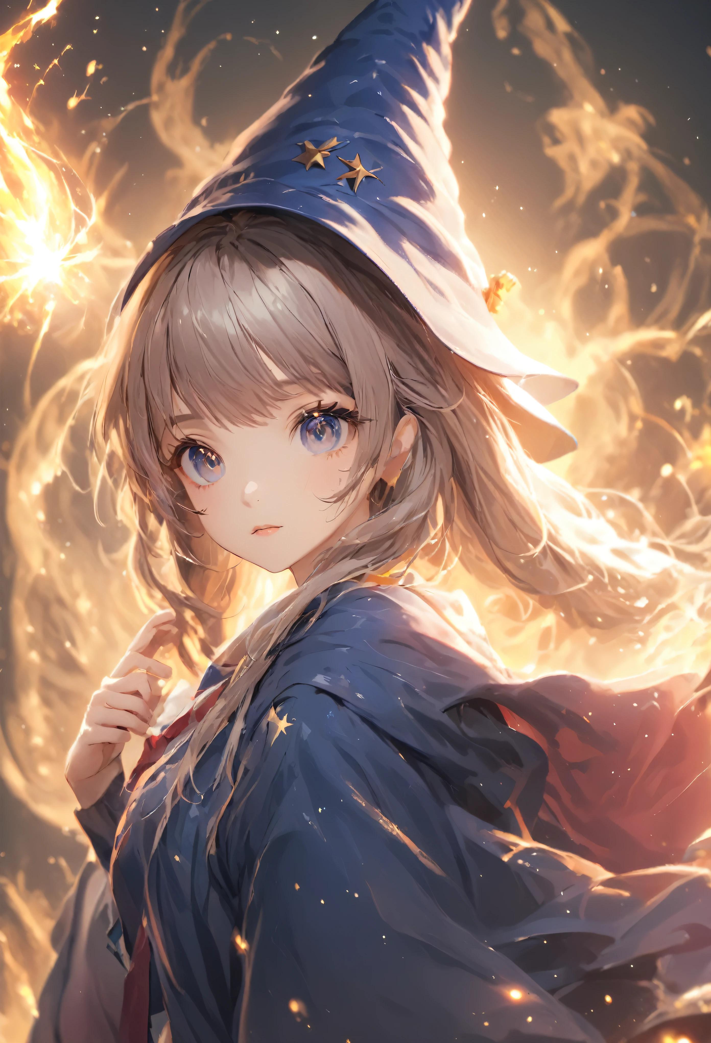 High resolution,Highest quality,8k,anime, pretty girl, Wizard&#39;s Hat(White Robe), Thigh-high socks, Retaining the Ancient Staff, Happy, Midnight, bloom, Ambient Occlusion, Shine, Shineing lights, Particles of light, transparent, 半transparent, Bokeh, Depth of written boundary, snow, Wind