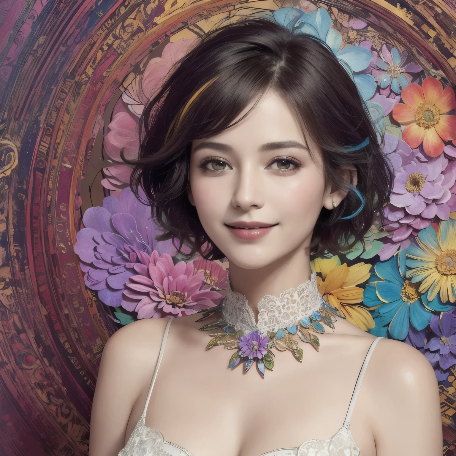 271 (20-year-old woman,short hair), (masterpiece, Highest quality, beautiful:1.2), Very detailed, (Fractal Art:1.1), (colorful:1.1), (flower:1.3), whole body, (Abstract background:1.3), (Many colors:1.4), (Old-fashioned smile), (window)