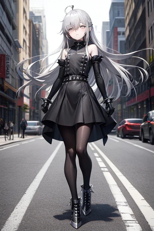 ((best quality)), ((masterpiece)), (detailed), 1 girl, full body, 18 years old, depressed face, silver eyes, blushing, silver hair, long hair, ahoge, bangs, lock of hair covering her right eye, full body, very tall, very small breasts, flat chest, thin body, grey hood, metal spikes, grey wristbands, long black gloves with spikes, grey gothic outfit, grey gothic dress, puff sleeve, grey dress with metal spikes, blades on the steering wheel, metal emblem, somewhat tight, black belt, pale skin, black pantyhose, black shoes, walking through the city, metal spikes coming out of the road, looking at me, city background, anime