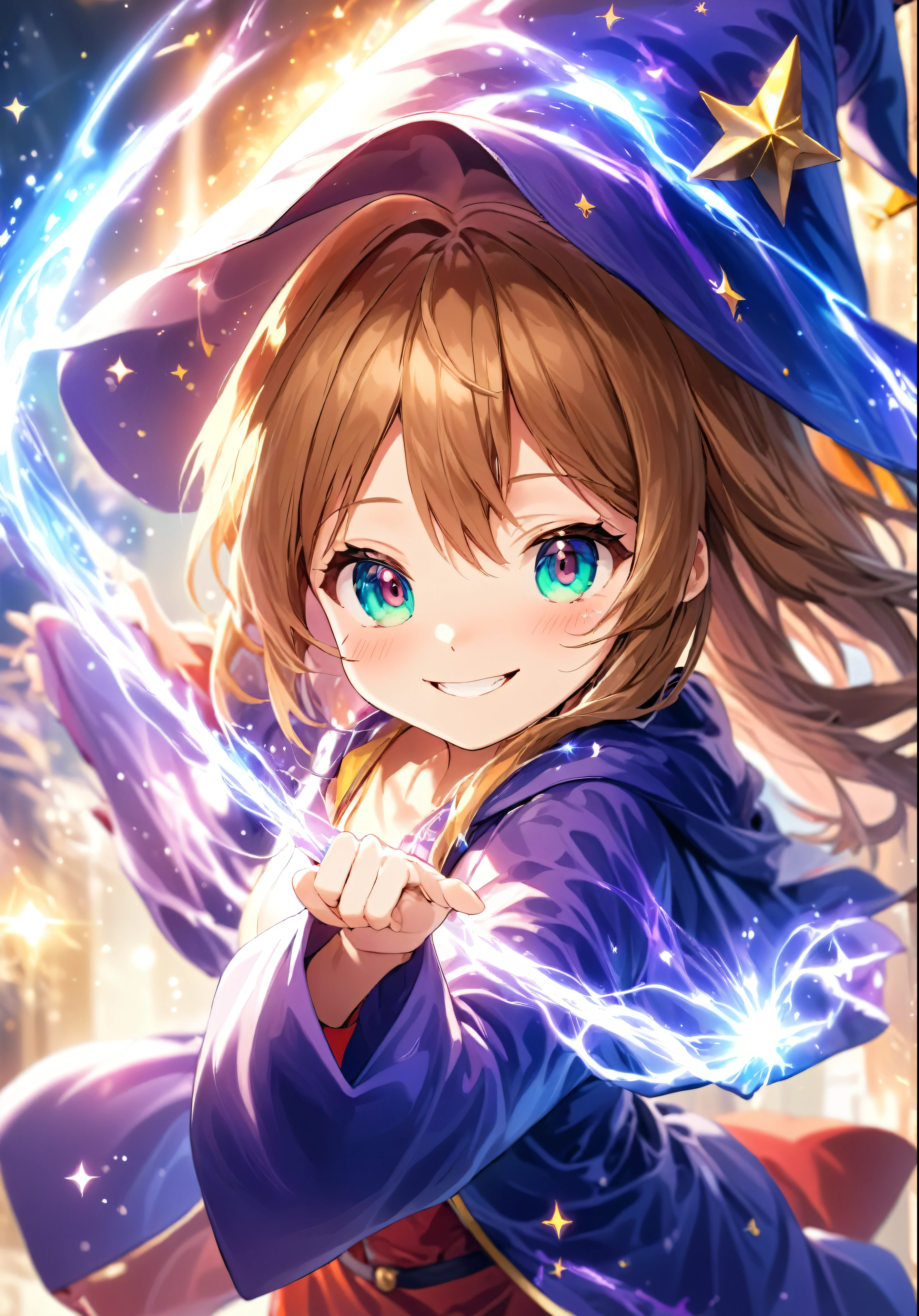 High resolution,Highest quality,
anime, One girl,(Very cute smile) alone, Wizard's Hat, Robe, Retention Staff, magic cirlcle, Shine, Particles of light, crystallization, prism, Shine光,8k