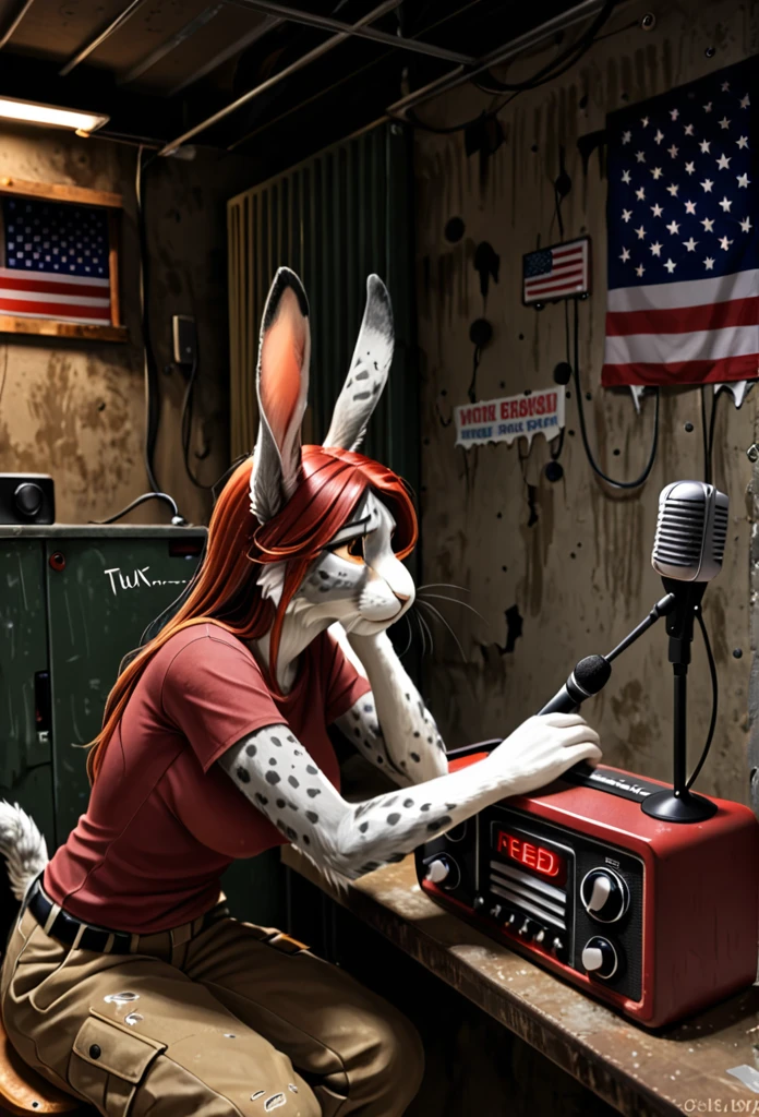 solo, (full body), furry, female, anthro, hare-bobcat hybrid, (((light gray spotted fur))), ((long rabbit ears)), ((feline snout)), ((golden brown eyes)), ((long crimson red hair)), (cat tail), (realistic fur body, realistic hair, realistic eyesj, tight red t-shirt, large E-cup size breasts, brown cargo pants, bunker, garage, sitting at a rustic radio console, microphone, dim lighting, tattered American flag on wall, From Side, tired, concerned, talking into microphone, (talking, talking expression)