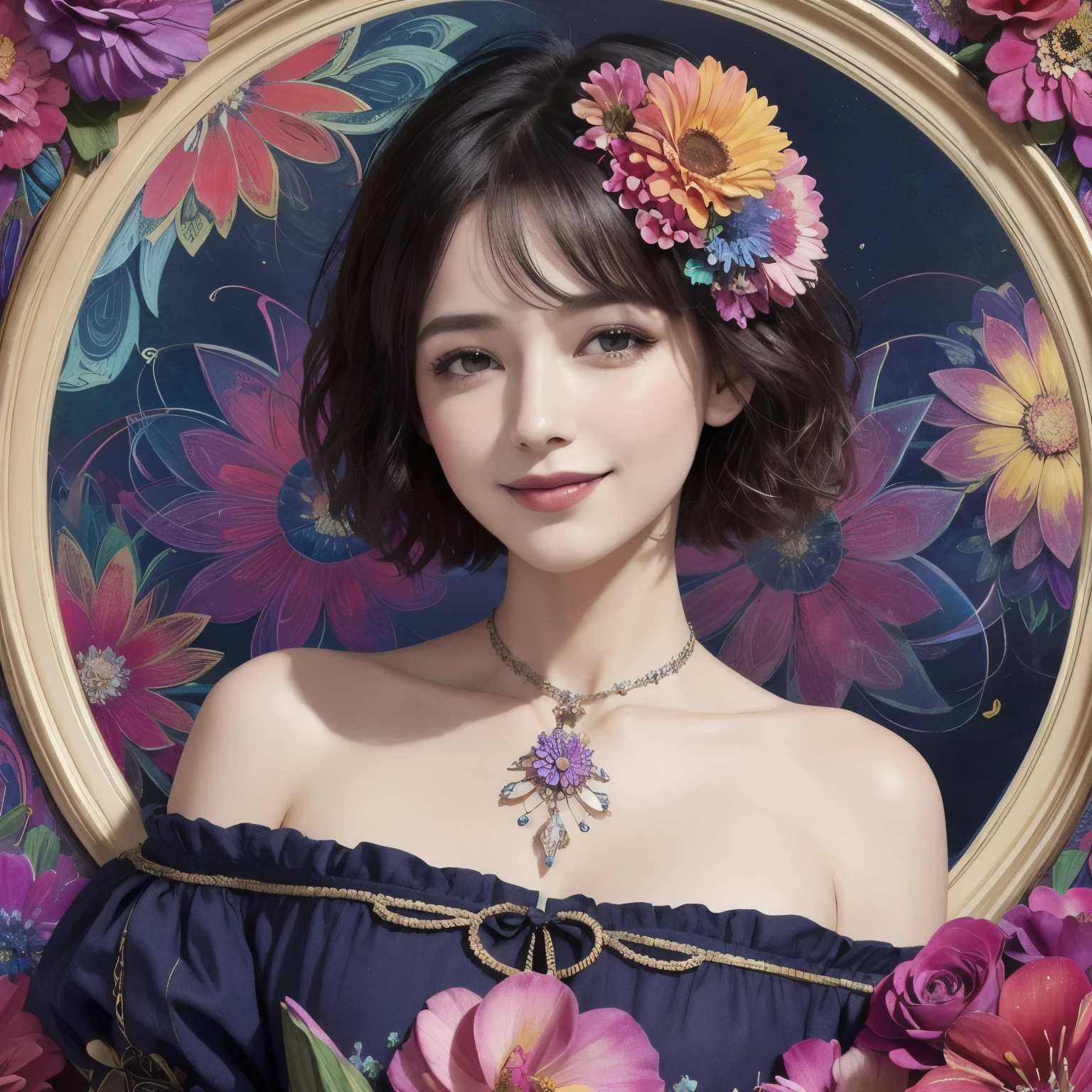271 (20-year-old woman,short hair), (masterpiece, Highest quality, beautiful:1.2), Very detailed, (Fractal Art:1.1), (colorful:1.1), (flower:1.3), whole body, (Abstract background:1.3), (Many colors:1.4), (Old-fashioned smile), (window)
