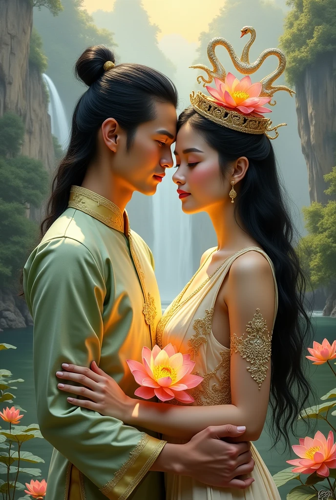 full lenght Full body picture of a handsome young man with long black hair tied loosely, wearing a gold necklace, a light green and gold loincloth with silver and gold silk around his arm, embracing a beautiful young woman in a light blue Thai dress, long black hair, wearing a small swan crown, with pink and orange lotus flowers around it, glowing and shimmering light, a masterpiece of art, seen in all directions, glowing and shimmering beautifully, with a white and gold Thai naga, a beautiful mountain and waterfall scene, a three-dimensional picture, an oil painting, an art picture by Ajarn Chalerm Chai