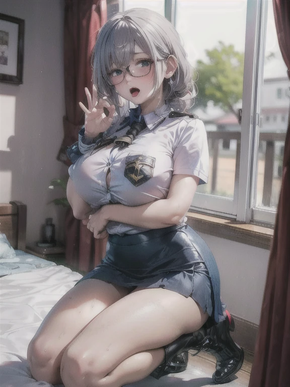 ((Highest quality)), ((masterpiece)), (detailed), One Girl,(Knee-length),Cosplay,whole body,Big Breasts,Underbust,(Lower milk visible),Glasses,Black knee-highs,Black boots,Police Officer,(Tight mini skirt),Black shirt,(Open the buttons on your shirt),22-year-old woman,(Naughty look),(Loose perm),((Excited expression)),Browsing Caution,nswf Japanese,(attractive appearance),atmosphere,rotor,blush,(Dirty room),(Girl hugged by fat man)