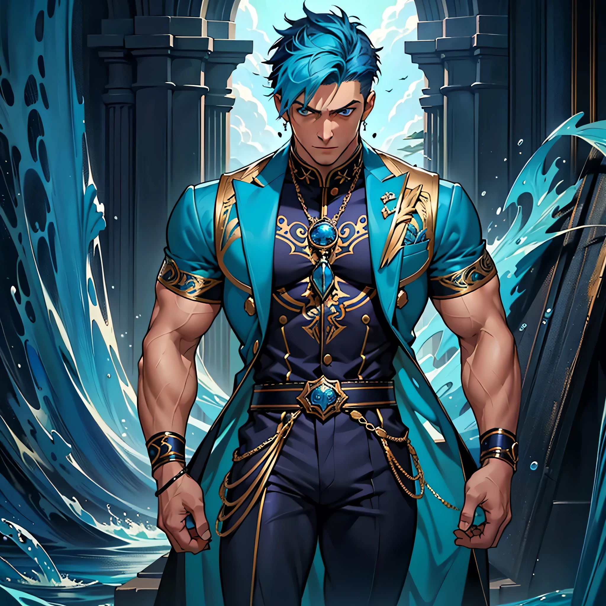 masterpiece, Best Quality, painting of ((a strikingly handsome and muscular man with short vibrant blue hair and captivating blue eyes.)), dressed in an intricate dark blue costume, inspired by the ocean, exuding confidence, depicted in a dynamic full body pose
. Personajes se encuentra en una fiesta elegante.
